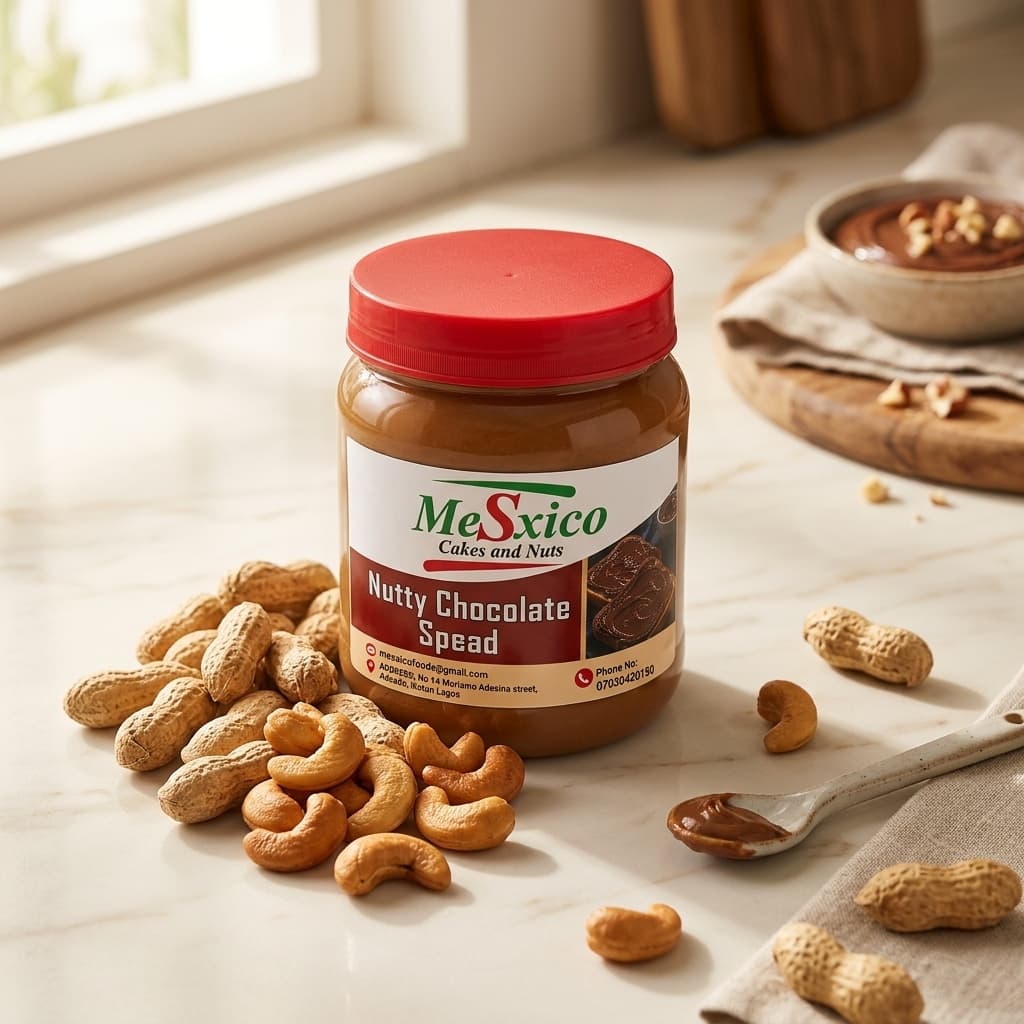 Mesxico Nutty Chocolate Spread surrounded by unpeeled groundnuts and roasted cashew nuts